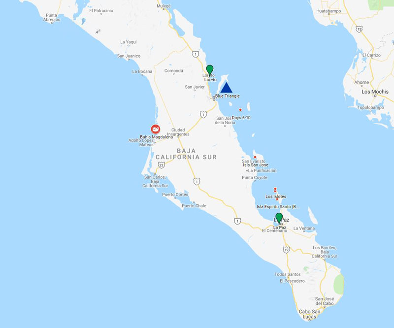 Route map of Westward Voyages in the Sea of Cortez 11-day Baja small ship cruises, operating between La Paz and Loreto & visiting Magdalena Bay.