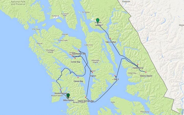 Route map of main & reverse Alaska's Western Passages small ship cruise, operating from Sitka to Juneau, with visits to Stephens Passage; Warm Springs Bay; Freshwater Bay; Baird, Le Conte and Dawes Glaciers; Hidden Falls Hatchery and Tenakee Springs.