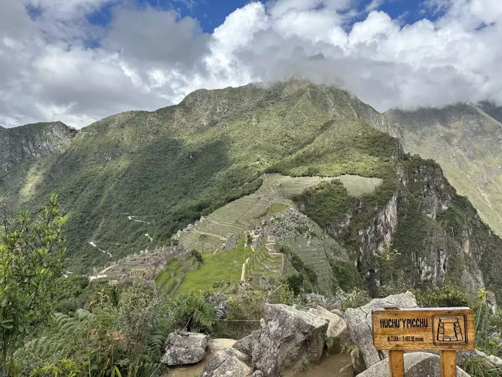 View of Machu Pucchu citadel from the top of Huchuy Picchu Mountain  permitted hike. 