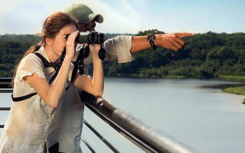 A traveler looks through binoculars while another traveler points, near the Napo Wildlife Center, a sustainable eco lodge surrounded by a 53,000 acre rainforest biosphere reserve within Yasuni National Park in the Amazon.