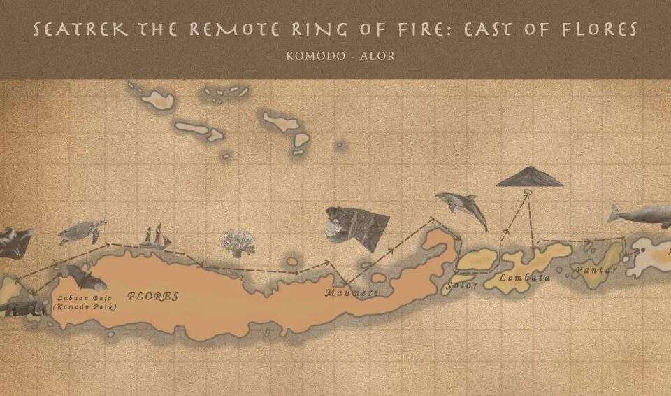 A sepia toned cruise map showing the path of a ship sailing the Ring of Fire from Komodo to Alor Indonesia