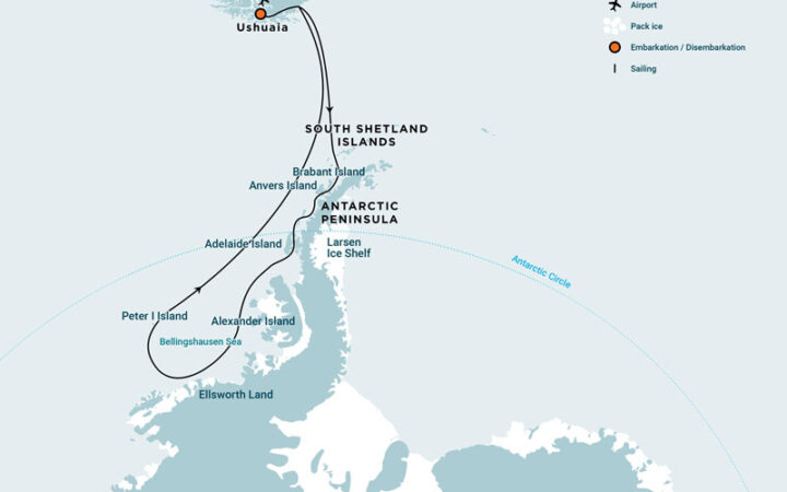 Route map of Bellingshausen Sea Cruise with Helicopters, round-trip from Ushuaia, Argentina, crossing the Antarctic Circle.