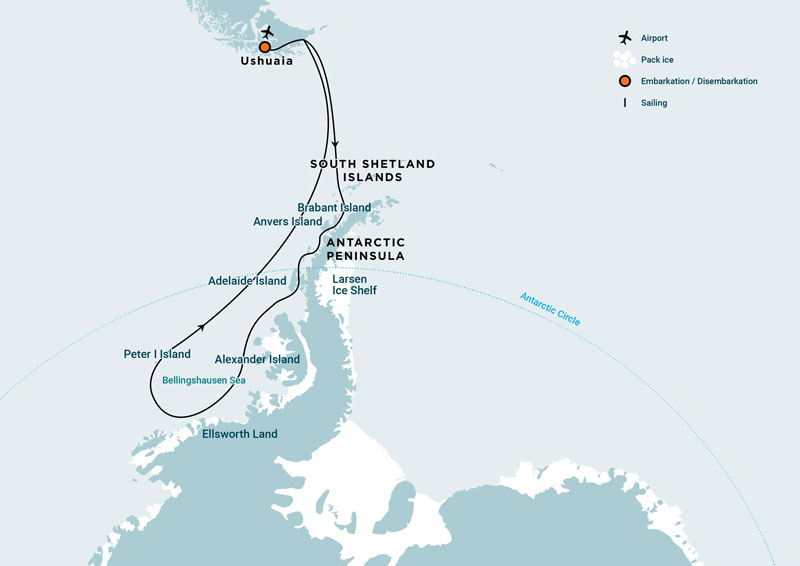 Route map of Bellingshausen Sea Cruise with Helicopters, round-trip from Ushuaia, Argentina, crossing the Antarctic Circle.