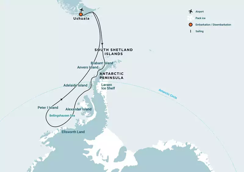 Route map of Bellingshausen Sea Cruise with Helicopters, round-trip from Ushuaia, Argentina, crossing the Antarctic Circle.