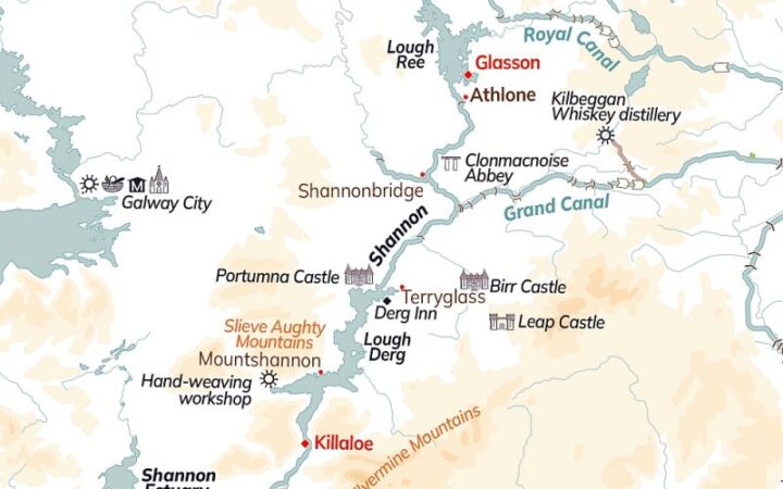 Route map of Classic Ireland River Cruise, operating round-trip from Glasson, along the River Shannon, with visits to Athlone, Shannonbridge, Terryglass, Mountshannon & Killaloe.