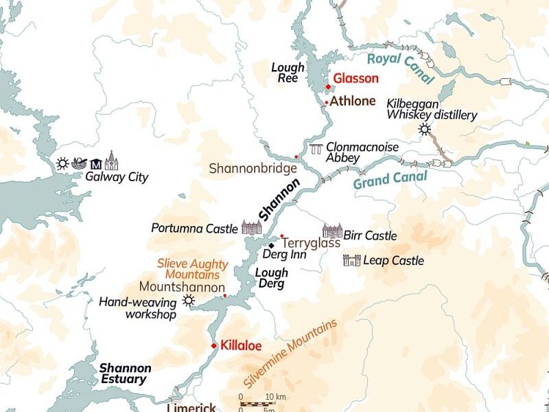 Route map of Classic Ireland River Cruise, operating round-trip from Glasson, along the River Shannon, with visits to Athlone, Shannonbridge, Terryglass, Mountshannon & Killaloe.
