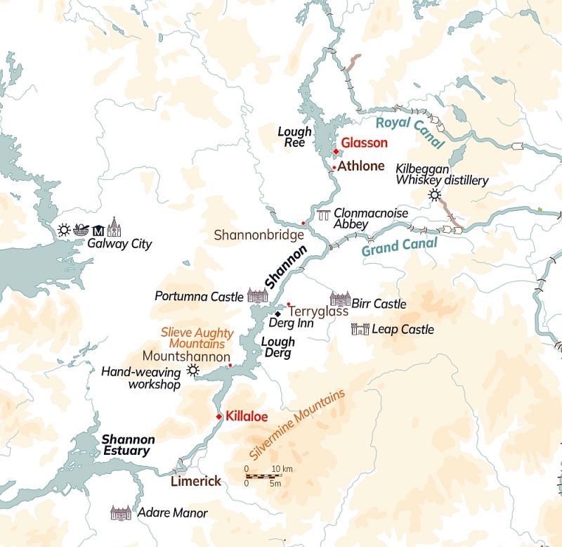 Route map of Classic Ireland River Cruise, operating round-trip from Glasson, along the River Shannon, with visits to Athlone, Shannonbridge, Terryglass, Mountshannon & Killaloe.