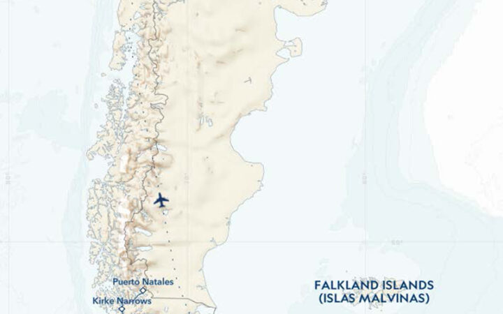 Route map of classic patagonia glaciers and peaks by lindblad shpwing in blue lines on a tan map
