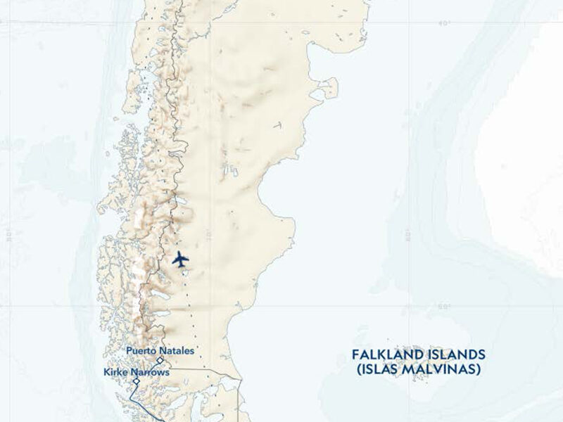 Route map of classic patagonia glaciers and peaks by lindblad shpwing in blue lines on a tan map
