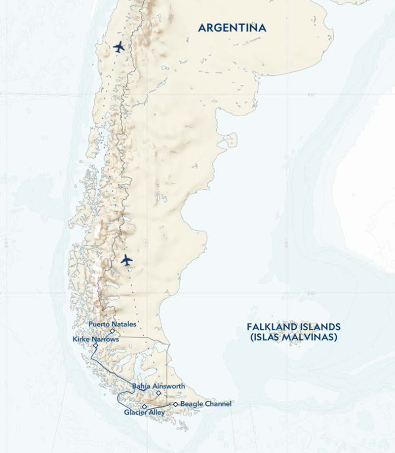 Route map of classic patagonia glaciers and peaks by lindblad shpwing in blue lines on a tan map