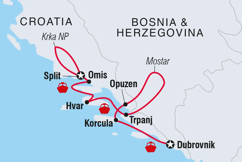 A red line showing the northbound route of Croatian Coastal Cruising from Dubrovnik to Split (via Omis).