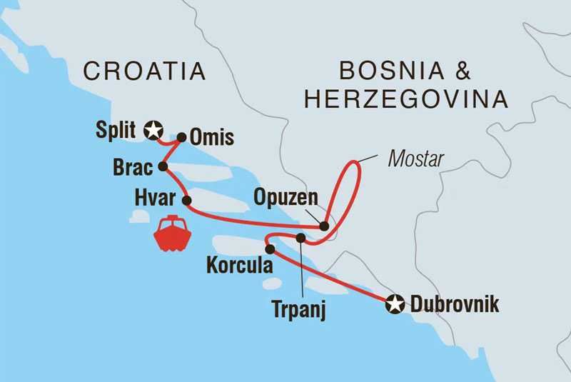 A red line showing the southbound route of Croatian Coastal Cruising from Split (via Omis) to Dubrovnik.