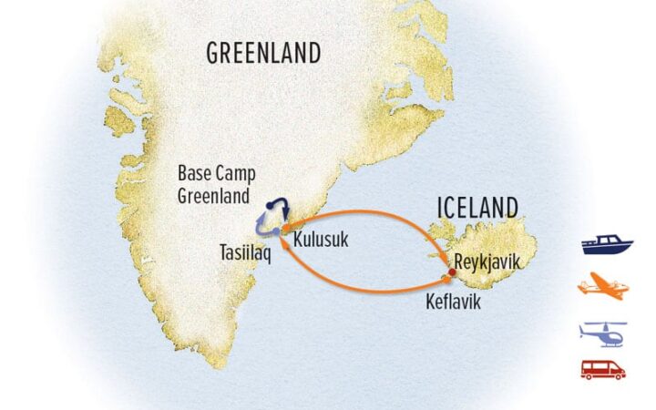 East Greenland Arctic Adventure land tour route map, round-trip from Reykjavik, Iceland with visits to Kulusuk & Tasiilaq.