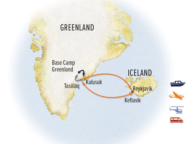 East Greenland Arctic Adventure land tour route map, round-trip from Reykjavik, Iceland with visits to Kulusuk & Tasiilaq.