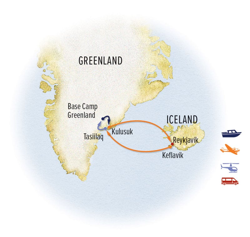 East Greenland Arctic Adventure land tour route map, round-trip from Reykjavik, Iceland with visits to Kulusuk & Tasiilaq.