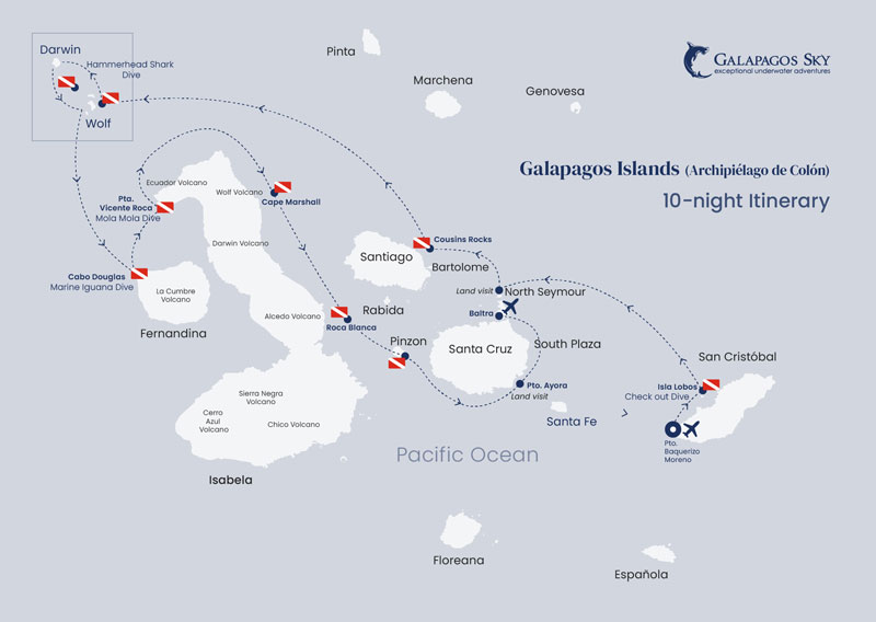 Route map of 11-day Galapagos Sky Liveaboard Dive Cruises, operating round-trip from San Cristobal with visits to Lobos, North Seymour, Wolf, Darwin, Isabela, Pinzon & Santa Cruz islands.