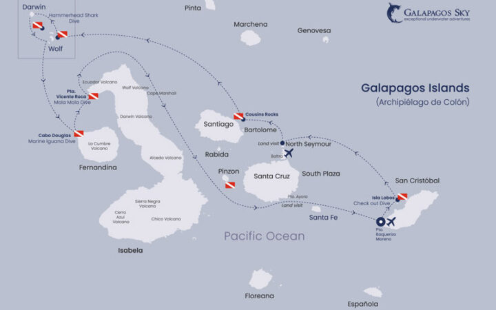 Route map of 8-day Galapagos Sky Liveaboard Dive Cruises, operating round-trip from San Cristobal with visits to Lobos, North Seymour, Wolf, Darwin, Isabela, Pinzon & Santa Cruz islands.