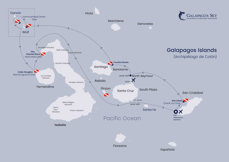 Route map of 8-day Galapagos Sky Liveaboard Dive Cruises, operating round-trip from San Cristobal with visits to Lobos, North Seymour, Wolf, Darwin, Isabela, Pinzon & Santa Cruz islands.