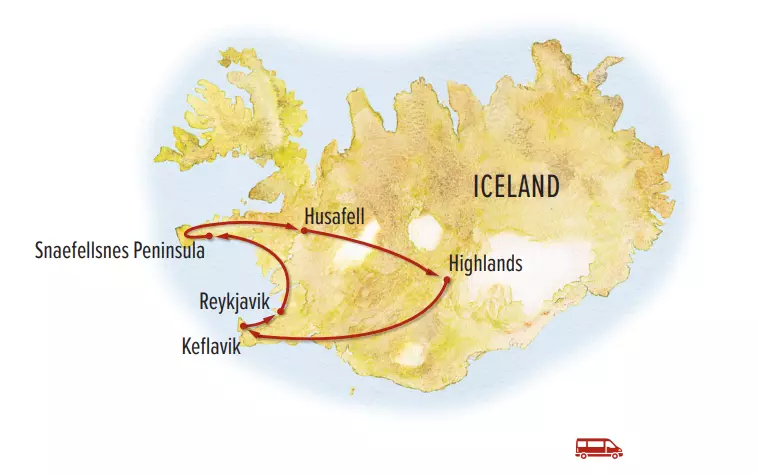Route map of Iceland's Wild West land tour, round-trip from Reykjavik with visits to Snaefellsnes Peninsula, Husafell & the Highlands.