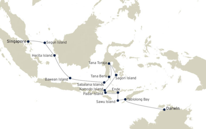 Route map of Island Trails & Traditions of Indonesia cruise from Singapore to Darwin, Australia with visits along the archipelago.