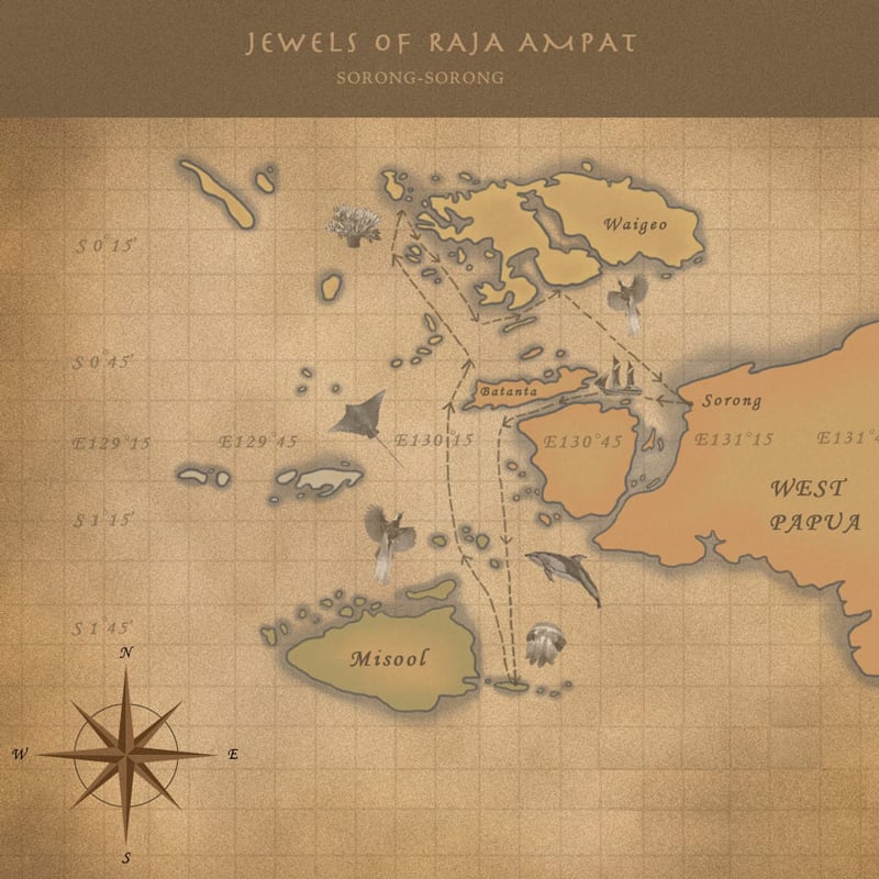 Route map for Sailing Indonesia: Jewels of Raja Ampat small ship cruise, operating round-trip from Sorong with visits to the Misool Archipelago, Tomolol Bay, Batanta Island, the Dampier Strait, west Waigeo, the Wayag Islands & Bay of Yengeffo.
