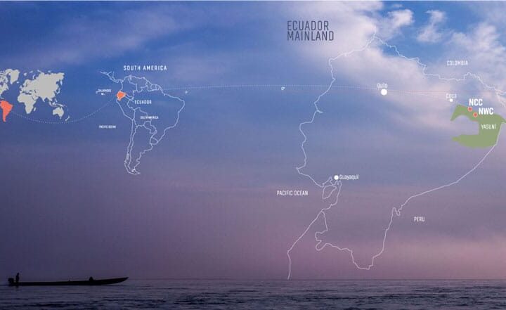 Map showing placement of the Napo Wildlife Center along the Napo River in the Yasuni National Park of Eastern Ecuador's Amazon rainforest basin.