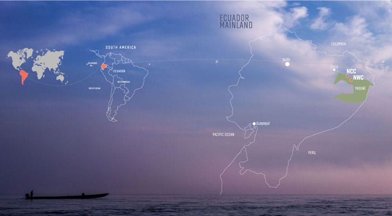 Map showing placement of the Napo Wildlife Center along the Napo River in the Yasuni National Park of Eastern Ecuador's Amazon rainforest basin.