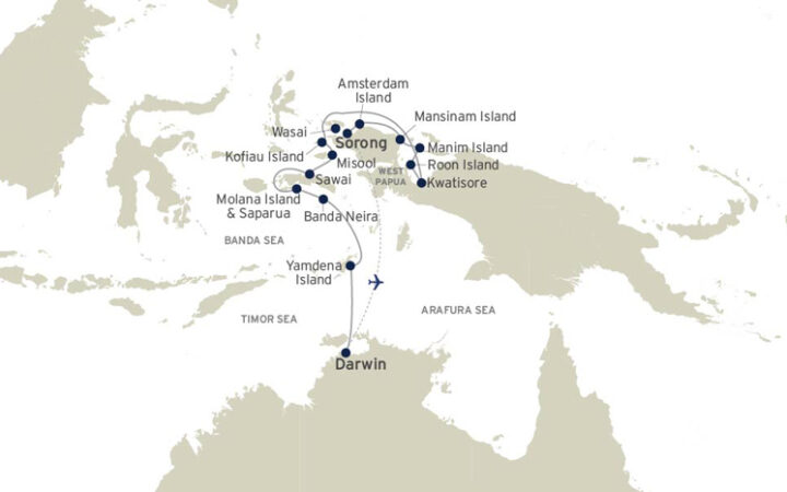 Route map of Spice Islands & Raja Ampat small ship cruise, operating between Darwin, Australia & Sorong, West Papua, Indonesia.