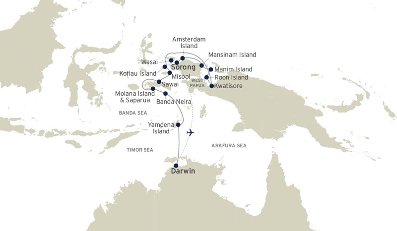 Route map of Spice Islands & Raja Ampat small ship cruise, operating between Darwin, Australia & Sorong, West Papua, Indonesia.