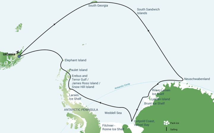 Route map of Remote Weddell Sea Explorer Cruise, round-trip from Ushuaia, Argentina, that retraces Shackleton's famous voyage.