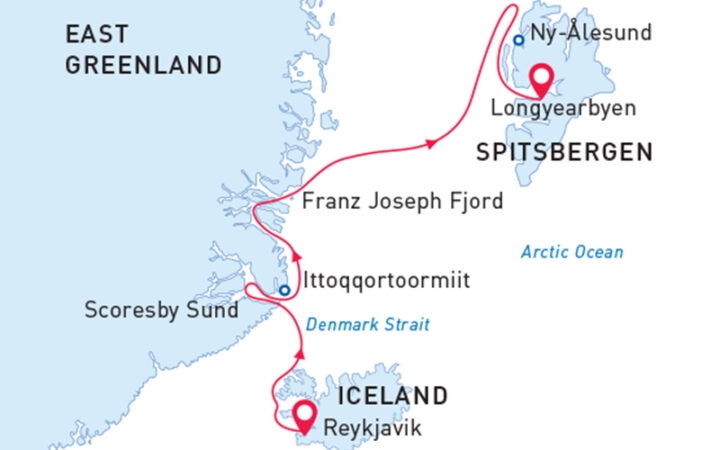 Route map of reverse Arctic Odyssey small ship cruise from Iceland to Spitsbergen with visits along east Greenland.