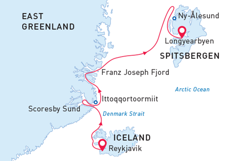 Route map of reverse Arctic Odyssey small ship cruise from Iceland to Spitsbergen with visits along east Greenland.