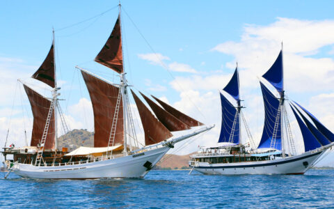 2 small sailing ships with wood hulls painted white & blue & burgundy sails unfurled in calm sea on a sunny day in Indonesia.