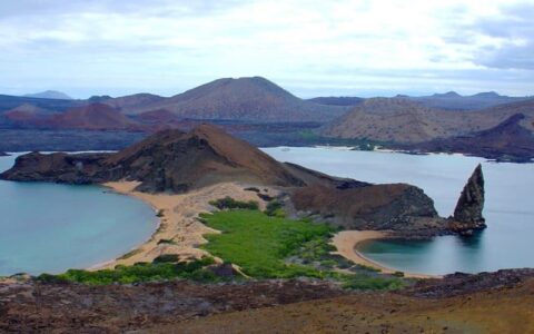 An aerial view of Bartolome Island in the Galapagos, where guests aboard the Grace cruise will see wildlife