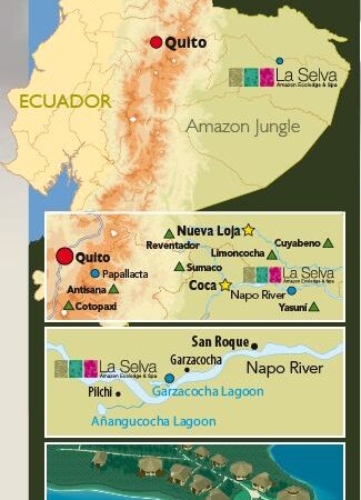 Map showing the placement of La Selva EcoLodge, at Garzacocha Lake along the Napo River in eastern Ecuador's Amazon rainforest basin.