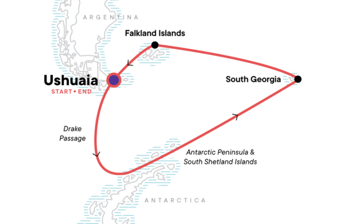Route map showing a red line of the path of the Spirit of Shackleton aboard Expedition small ship voyage, operating round-trip from Ushuaia, Argentina with stops in the Falkland Islands and South Georgia.