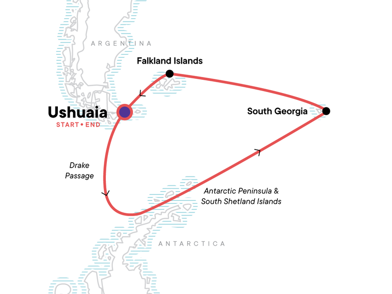 Route map showing a red line of the path of the Spirit of Shackleton aboard Expedition small ship voyage, operating round-trip from Ushuaia, Argentina with stops in the Falkland Islands and South Georgia.