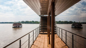 Deck walkway with stairs aboard Anakonda.