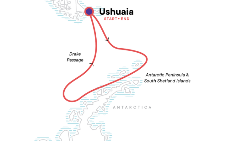Route map showing a red line of the path of the Antarctic Peninsula aboard Expedition small ship voyage, operating round-trip from Ushuaia, Argentina with stops along the Antarctic Peninsula & South Shetland Islands.