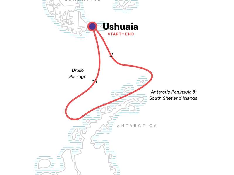 Route map showing a red line of the path of the Antarctic Peninsula aboard Expedition small ship voyage, operating round-trip from Ushuaia, Argentina with stops along the Antarctic Peninsula & South Shetland Islands.
