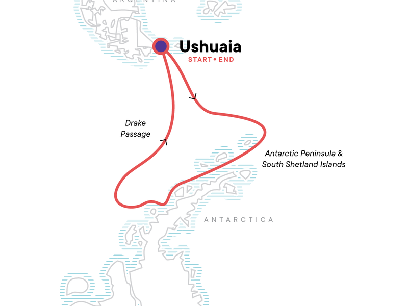 Route map showing a red line of the path of the Antarctic Peninsula In Depth small ship voyage, operating round-trip from Ushuaia, Argentina with stops along the Antarctic Peninsula & South Shetland Islands.