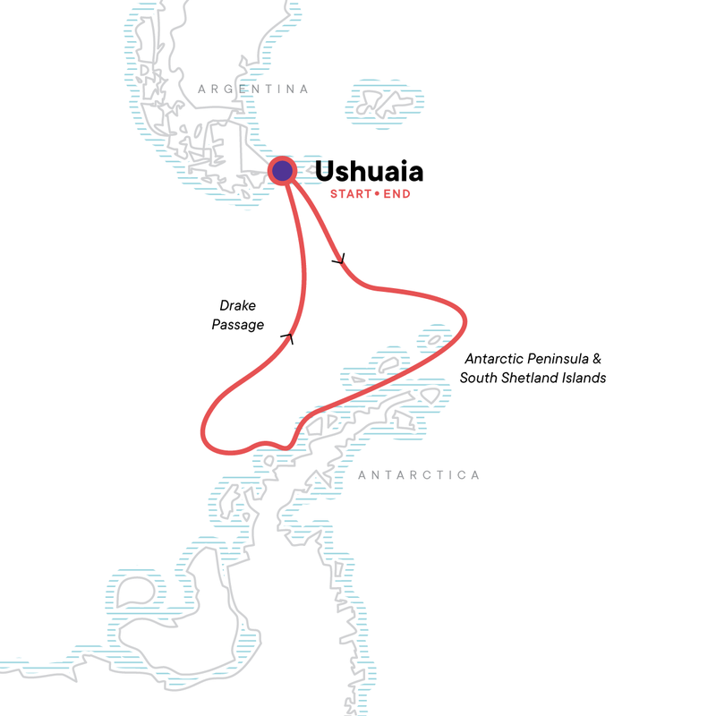 Route map showing a red line of the path of the Antarctic Peninsula In Depth small ship voyage, operating round-trip from Ushuaia, Argentina with stops along the Antarctic Peninsula & South Shetland Islands.