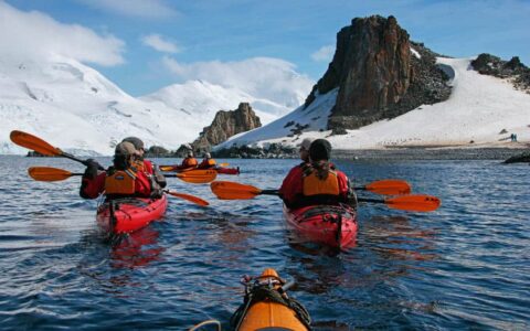 group of adventure travelers kayak on a sunny day in antarctica with large mountains in the distance