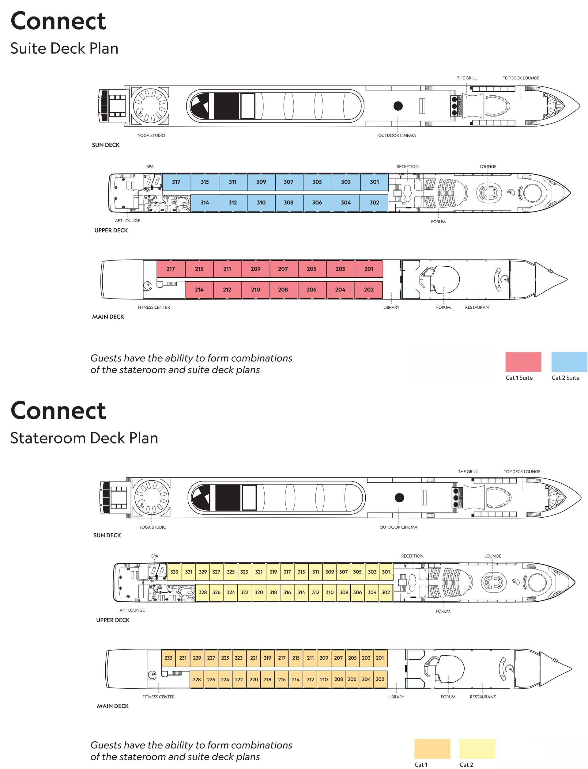 Deck plan of National Geographic Connect with 3 guest decks & 4 color-coded cabin categories for up to 120 travelers.
