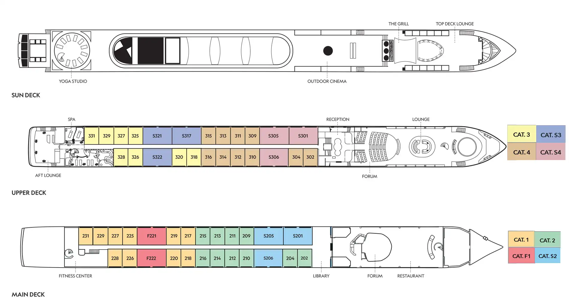 Deck plan of MY National Geographic Connect with 3 guest decks & 8 color-coded cabin categories for up to 120 travelers.