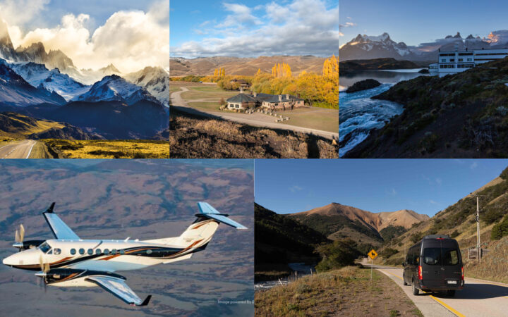 3 Patagonia wilderness lodges of the Explora Connects program collaged with a small private jet & Sprinter van below.
