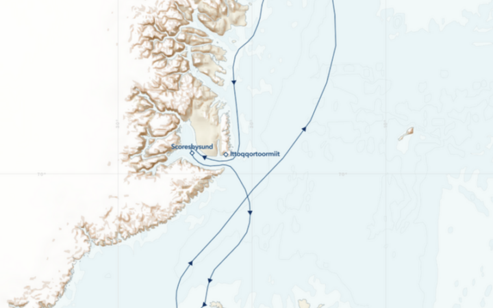 Route map of Iceland's Wild West Coast to East Greenland voyage, round-trip from Reykjavik with visits to Scoresbysund.