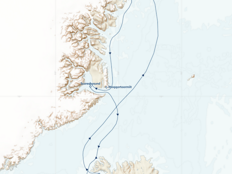 Route map of Iceland's Wild West Coast to East Greenland voyage, round-trip from Reykjavik with visits to Scoresbysund.