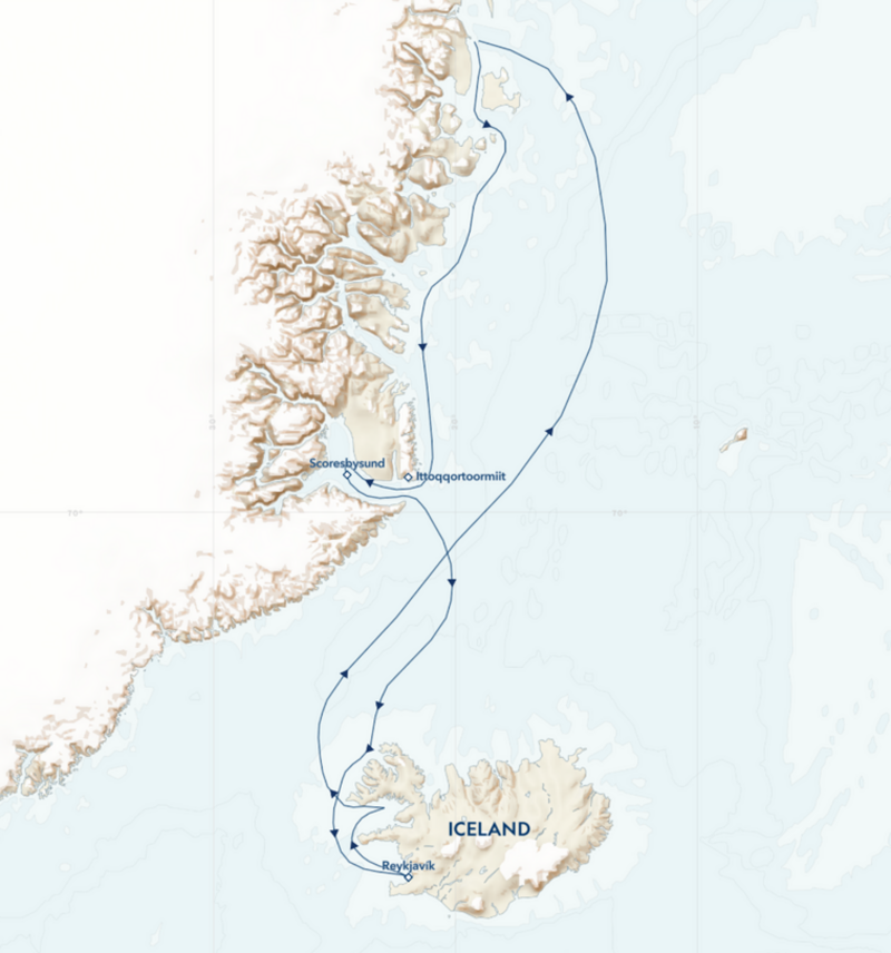 Route map of Iceland's Wild West Coast to East Greenland voyage, round-trip from Reykjavik with visits to Scoresbysund.