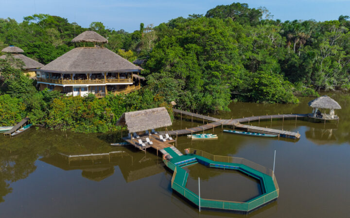 Aerial view of La Selva Lodge with hexagonal thatch-roof buildings beside a lake with 4-way wood dock & green-circled natural pool.